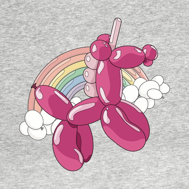 A light and dark pink unicorn balloon with a ballon rainbow and balloon clouds behind it. by Fruit Tee